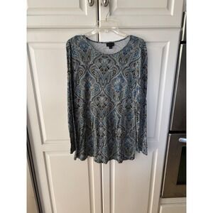 J. Jill Wearever Blue Green Paisley Tunic Top Long Sleeve Rayon Spandex Large
